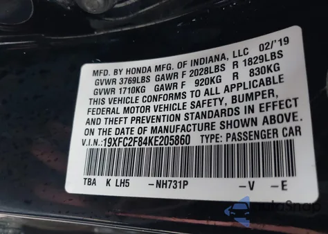 2019 Honda Civic Sport from USA, damaged, VIN 19XFC2F84KE205860